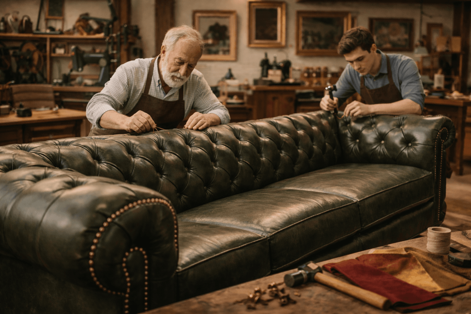 Master craftsman and apprentice hand-stitching a green leather Chesterfield sofa in traditional workshop