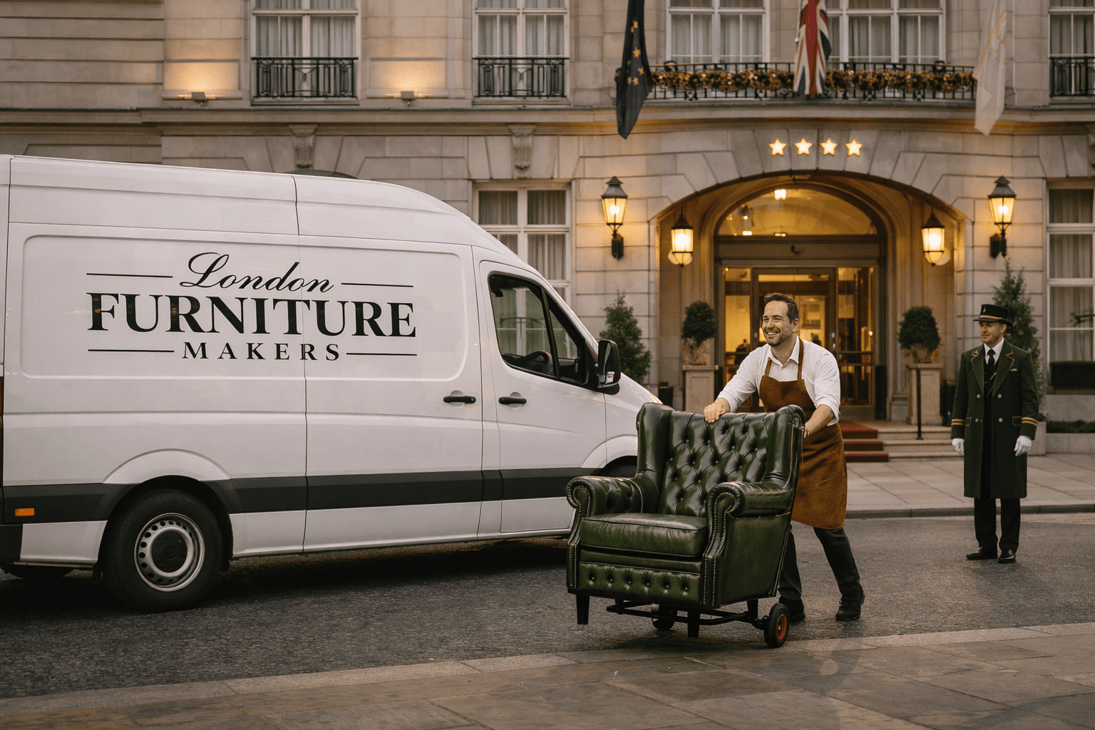 London Furniture Makers branded van delivering a luxury green leather Chesterfield chair to a five-star hotel